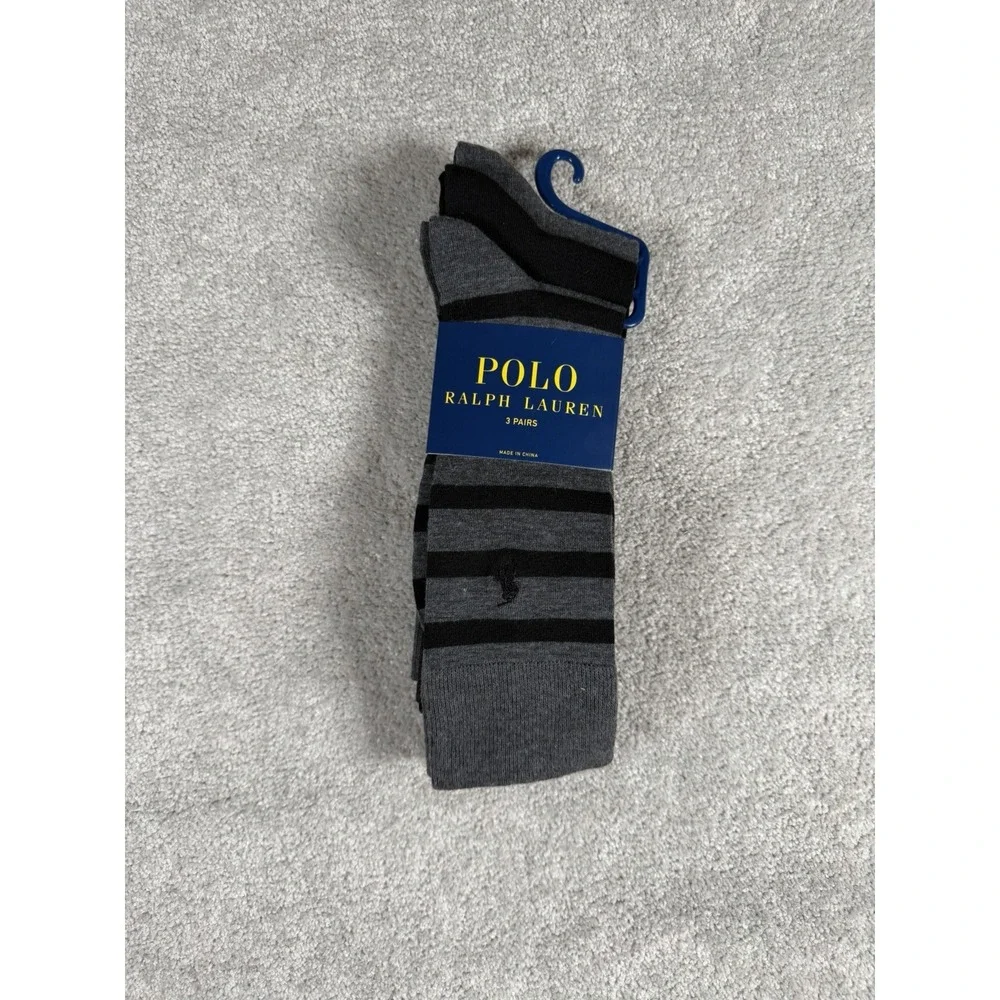 Polo Ralph Lauren 3 Pairs Dress Socks Dark Grey Black Striped Solid NWT